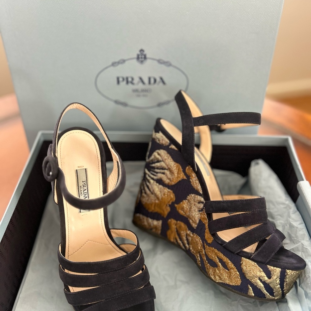 Prada Wedge Navy and Gold Women's Sandals